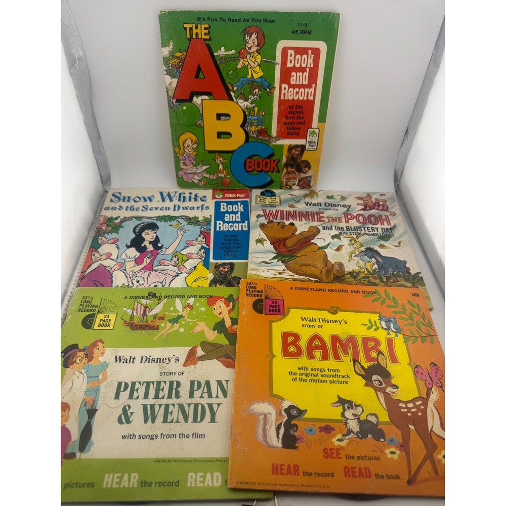 Vintage Disney Peter Pan Read-Along Book and Record Lot - Bambi Pooh Snow White